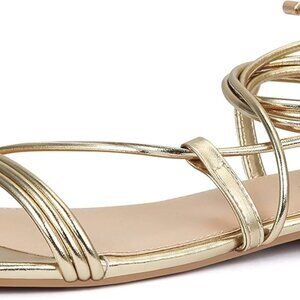 Women's Faux Leather Flat Sandals Gold Size 9 Lace Up Open Toe Comfort
